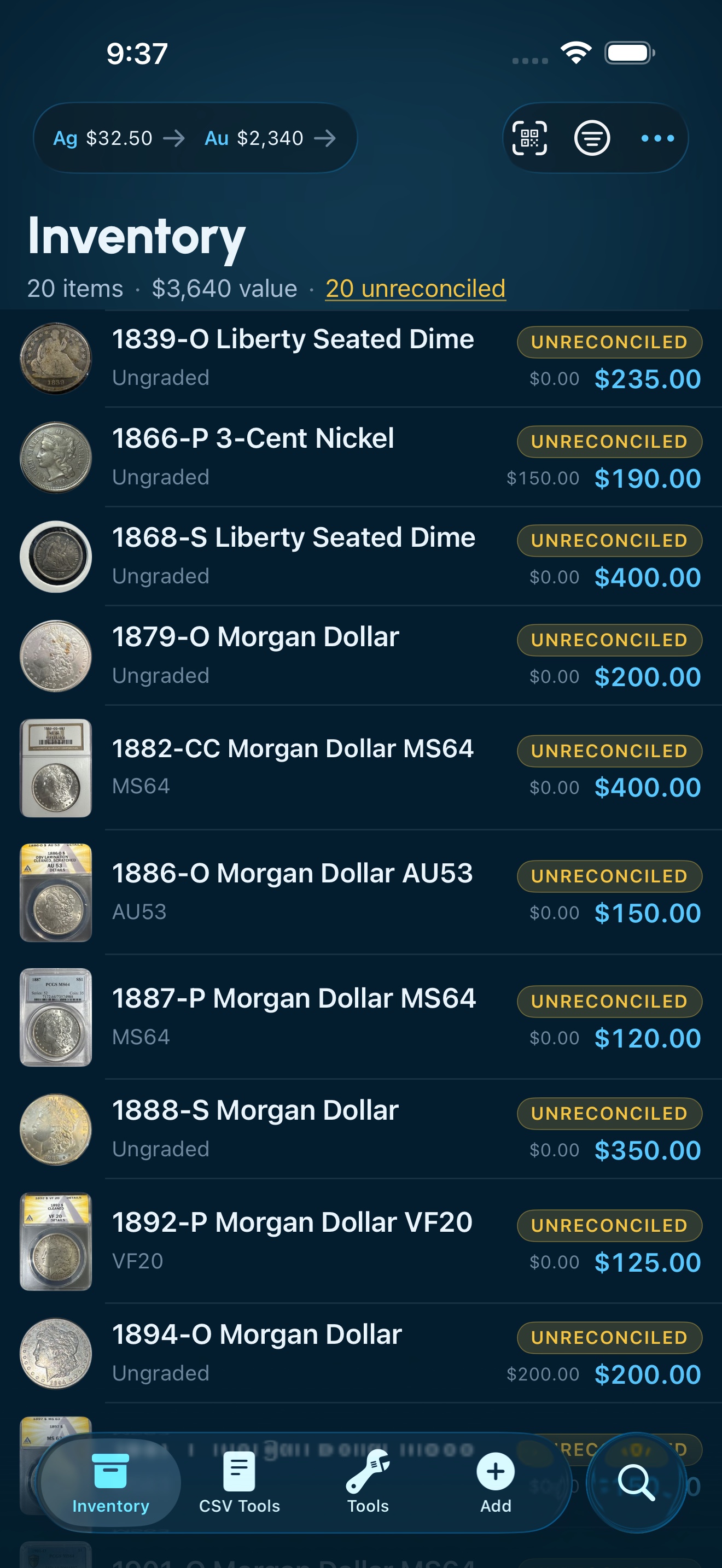 Reliqra inventory list on iPhone — 1,466 items reconciled with live values