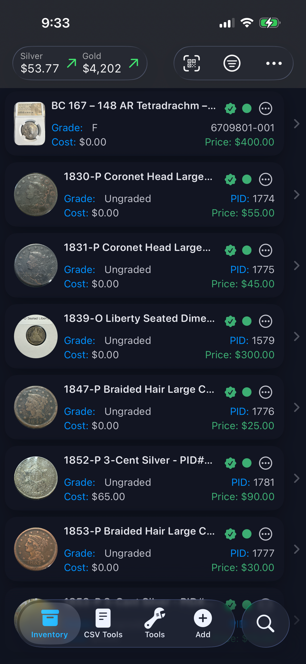 Reliqra inventory screen on iPhone