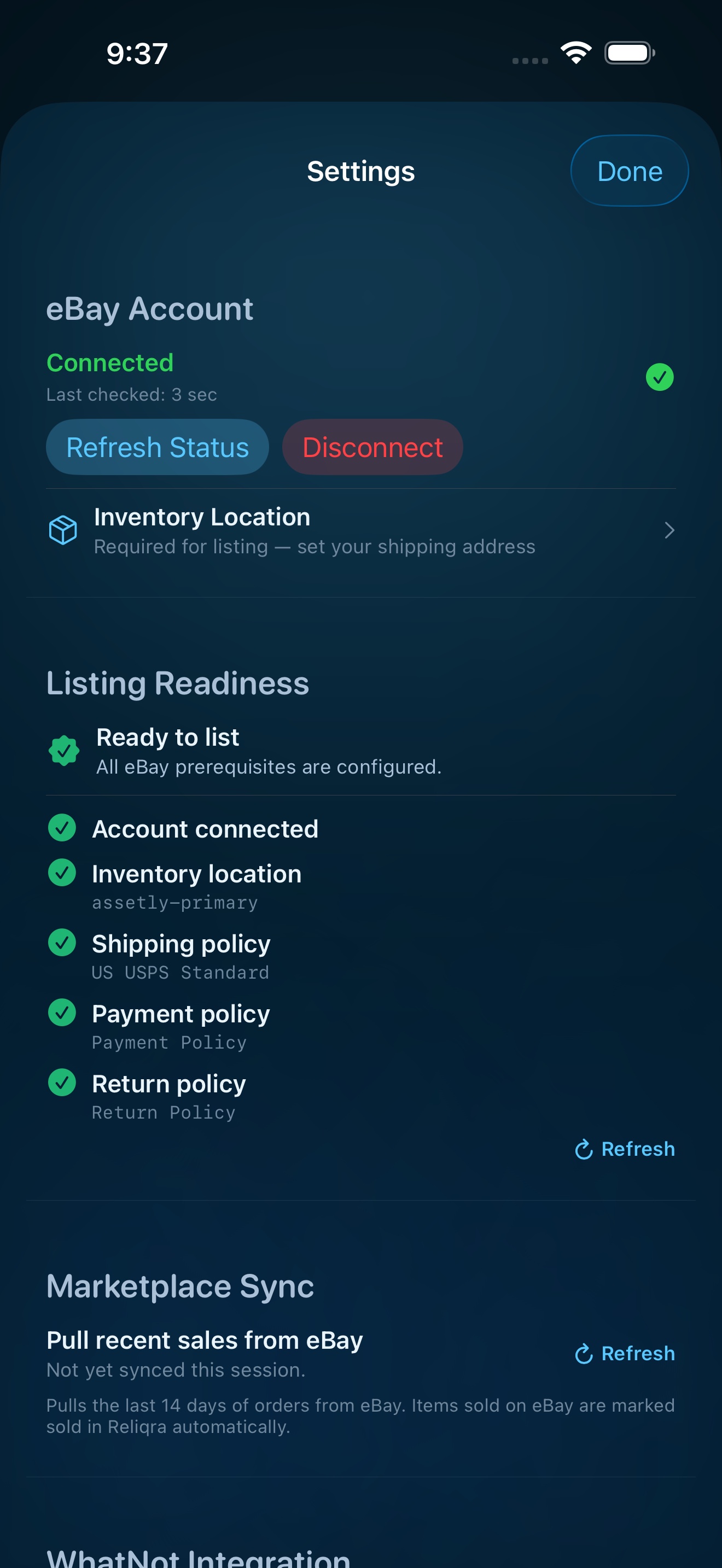 Reliqra eBay listing readiness — connected, ready to sell